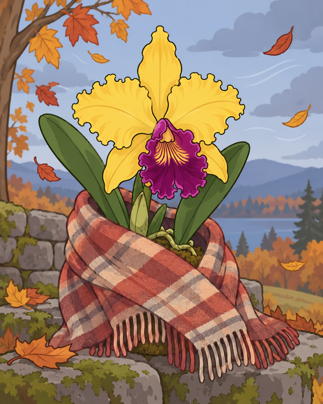Line-style autumn illustration of a Cattleya dowiana orchid wrapped in a blanket outdoors